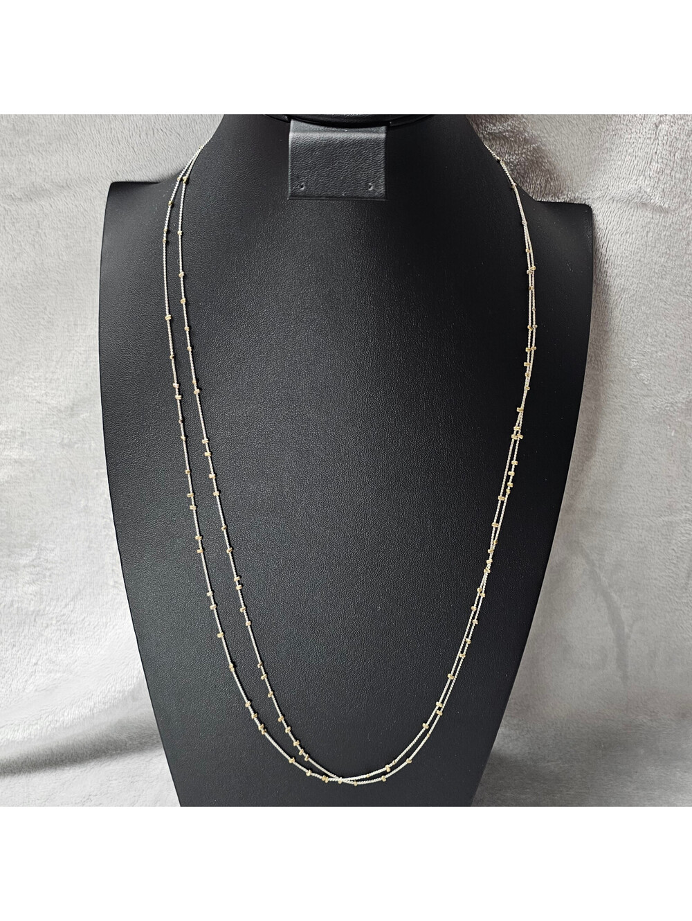 Two Tone Silver Gold Station Necklace 60 Inch Opera Length Beaded Dainty Elegant